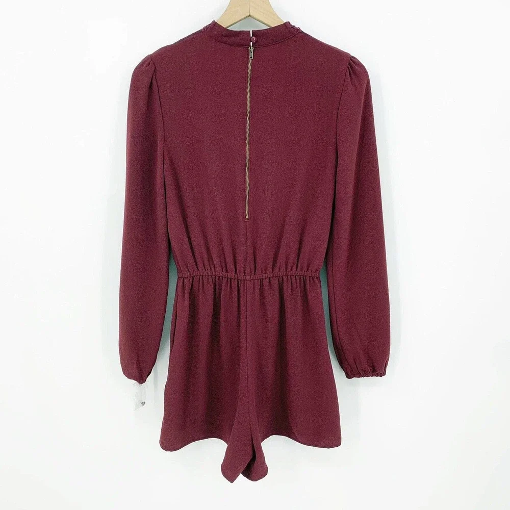 Xhilaration Womens Romper M Maroon Long Sleeve Youthful Charm Lace Yoke Feminine